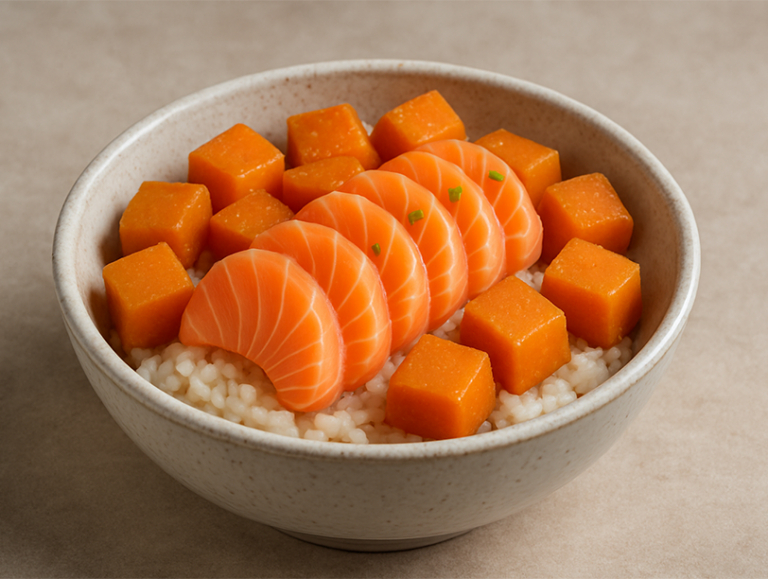 starter recipe flame-grilled marinated fish, sweet potatoes and sauce