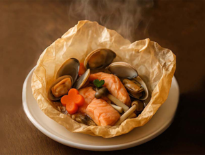 Plat : sakamushi papillotte de gambas au rhum Mount Gay, amande, gingembre