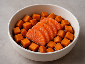 recette d'entrée poisson mariné et grillé à la flamme, patates douces et sauce