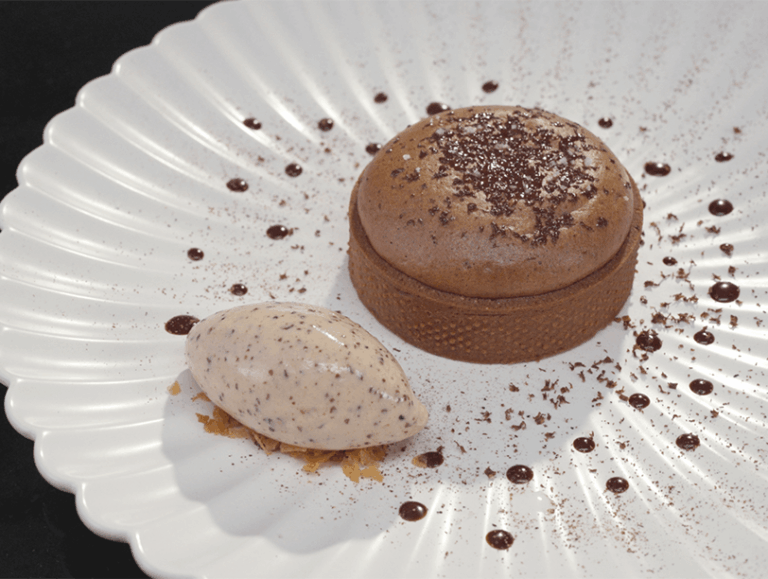 recipe for dark chocolate tart served with cocoa nib ice cream